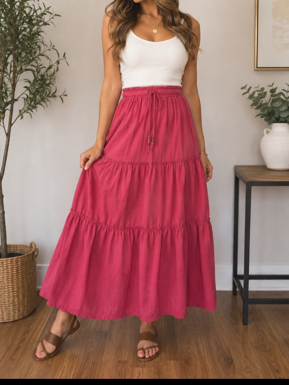 Style Me Pink Linen Blend Tiered Maxi Skirt Size M Boho